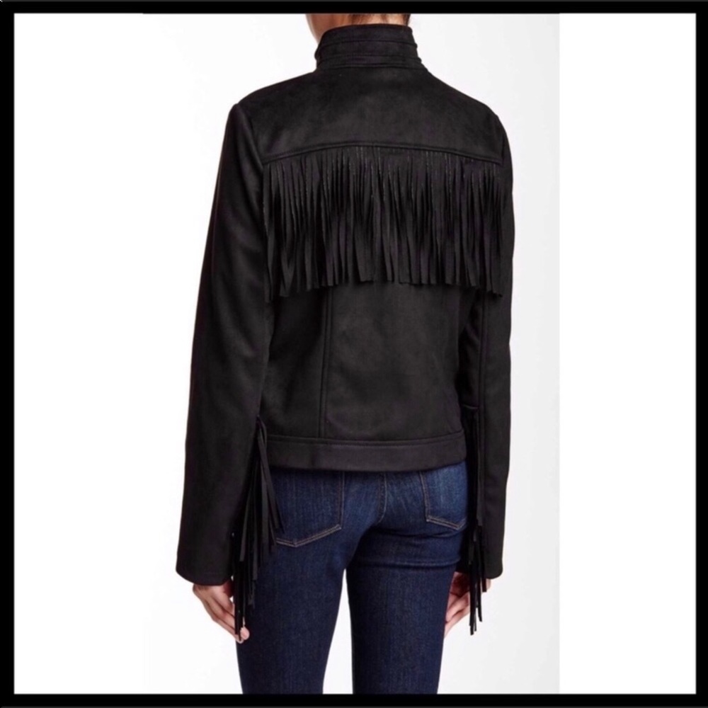 BLACK VEGAN SUEDE BOHO FRINGE MOTO JACKET A3C - Picture 3 of 8
